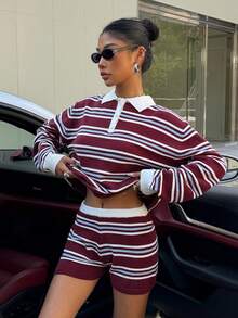 Muchica Women's Colorful Striped Knitted Polo Neck Sweater And Shorts Set For Going Out Outfits, Back To School, Streetwear - Multicolor - View 4