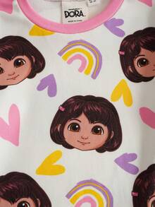 DORA | SHEIN 2 pièces/Set Haut à manches longues col rond avec figure de dessin animé mignonne pour jeune fille et legging en tricot. Ensemble de pyjama confortable et extensible - Blanc - Voir 4