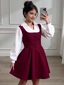 SHEIN Explorewe 女童学院风背心二合一休闲连衣裙，甜美优雅束腰开学装 - 酒紅色 - 查看 3