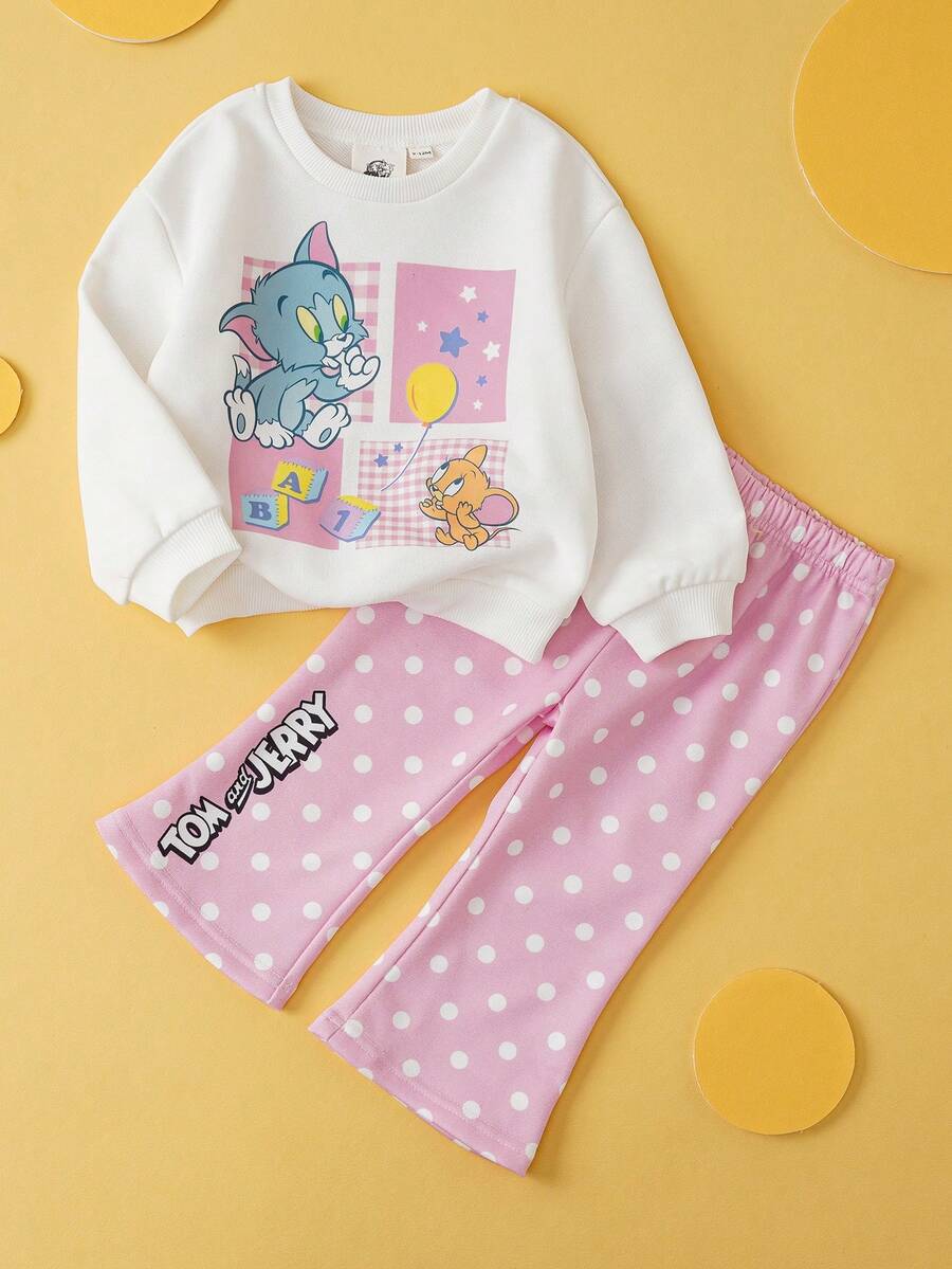 TOM & JERRY X SHEIN 2 件套女婴可爱卡通图案印花圆领长袖运动衫和波尔卡圆点运动裤针织休闲套装