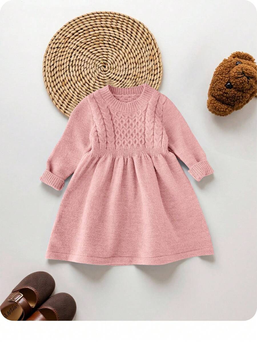SHEIN 女婴可爱简约蓝色长袖毛衣连衣裙，秋冬季 - 粉色 - 查看 1