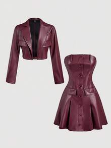 SHEIN MOD Women's Fashion Winter Set, Street Style Solid Color PU Leather Lapel Collar Flap Detail Cropped Jacket And Single-Breasted Tube Dress Set, Autumn,Burgundy Leather Suit,Burgundy Suit,Chic Women's Set ,,Fall - Burgundy - View 11