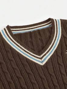 SHEIN Navy Blue V-Neck Basic Casual Pullover Sweater, Contrast Color, School/Daily Wear For Teen Girls - Brown - View 3