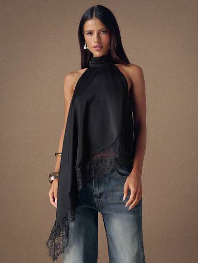 SHEIN BAE Top de camisola sin espalda con adorno de encaje elegante, blusa sin mangas de satén con parches sexy para fiestas, cócteles, ocasiones formales, Navidad, casual de negocios