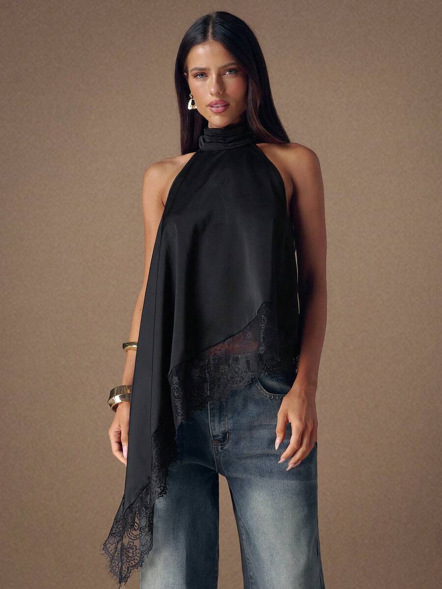 SHEIN BAE 优雅蕾丝边露背吊带背心，性感缎面拼接无袖衬衫，适合派对、鸡尾酒会、正式场合、圣诞节、商务休闲 - 黑色 - 查看 1