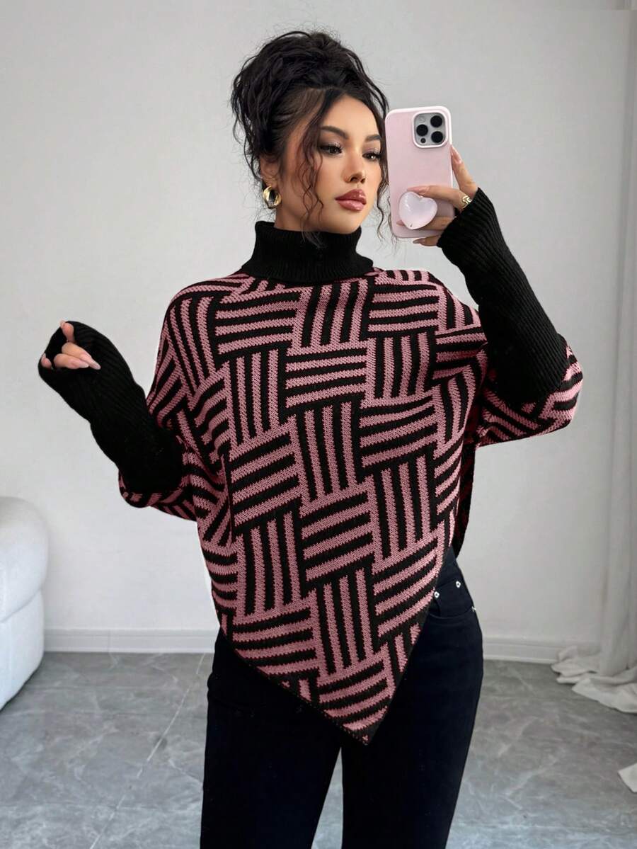 Selianne Women's Elegant High Neck Geometric Textured Poncho Sweater, Colorblock, Suitable For Home & Travel, Spring/Autumn - Pink - View 1