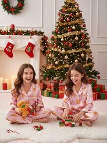 2pcs/Set Cute & Sweet Gingerbread Print Long Sleeve Cardigan And Pants, Comfortable Casual Loungewear For Tween Girls Girls Christmas Pajamas Kids Christmas Pajamas Fall Winter - Pink - View 3
