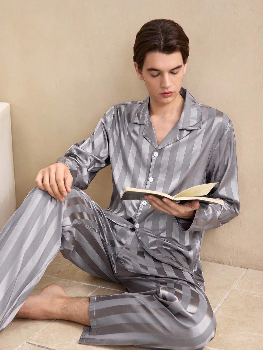 EverLounge Conjunto de ropa de estar en casa de seda sintética jacquard para hombre, ropa de invierno - Gris - Ver 1