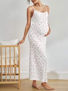 Moonlight&Mama Váy maxi cho con bú họa tiết gân tối giản thoải mái, đồ ngủ cho bà bầu, thời trang thu sang trọng - Đỏ và trắng - Xem 1