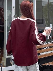 DAZY 女式休闲字母印花保暖内衬长袖运动衫 秋冬 - 酒紅色 - 查看 5