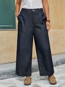 SHEIN CURVE+ Plus Size Women Loose Fit Pockets Wide Leg Casual Jeans Women Jeans Baggy Elastic Waist Jeans - Dark Wash - View 4
