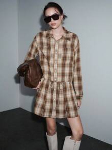 Lumivelle Women's Plaid Shirt Collar Open Front Drawstring Waist Fitted Long Sleeve Dress, Commuter Style For Autumn Checkered Dress  Winter Clothes