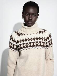 Lumivelle Jersey de cuello alto con estampado geométrico, informal para otoño/invierno - Caqui - Ver 1