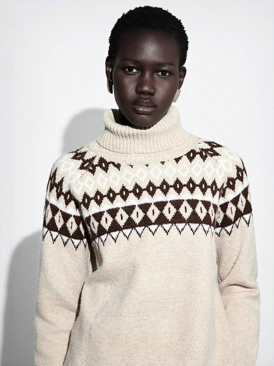 Lumivelle Jersey de cuello alto con estampado geométrico, informal para otoño/invierno - Caqui - Ver 1