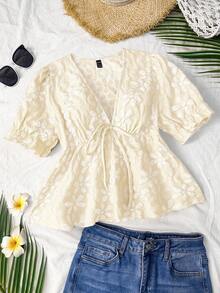 Trelyra Stylish Fresh Jacquard Short Sleeve V-Neck Top For Women, New Summer 2025 Fashion Short Sleeve Blouse