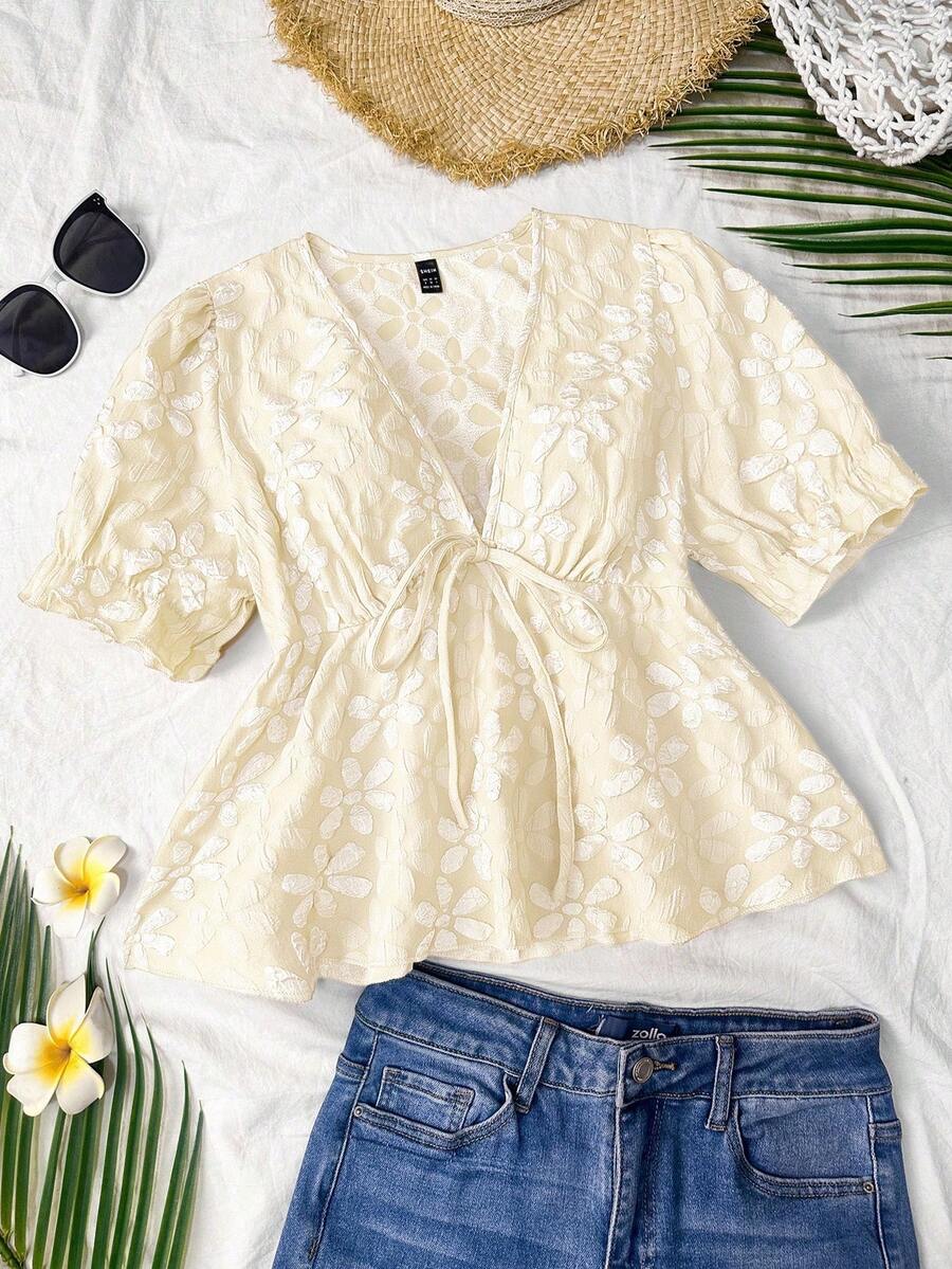 Trelyra Stylish Fresh Jacquard Short Sleeve V-Neck Top For Women, New Summer 2025 Fashion Short Sleeve Blouse