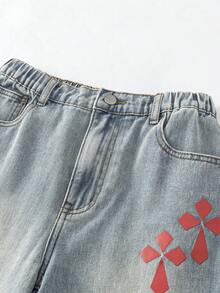 SHEIN Explorewe Teen Girls' Flared Jeans With Cross Print And Distressed Wash, Fashionable Loose Fit Denim Pants For Spring, Summer, Autumn And Winter - Medium Wash - View 4