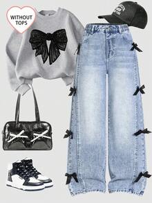 SHEIN ChillGRL Quần jean denim xanh ống rộng thời trang cổ điển cá tính, mặt trước xẻ tà, giặt tẩy, thắt nơ, ống rộng ôm sát, đa năng, phù hợp mọi mùa, phong cách thường ngày - Rửa trung bình - Xem 1