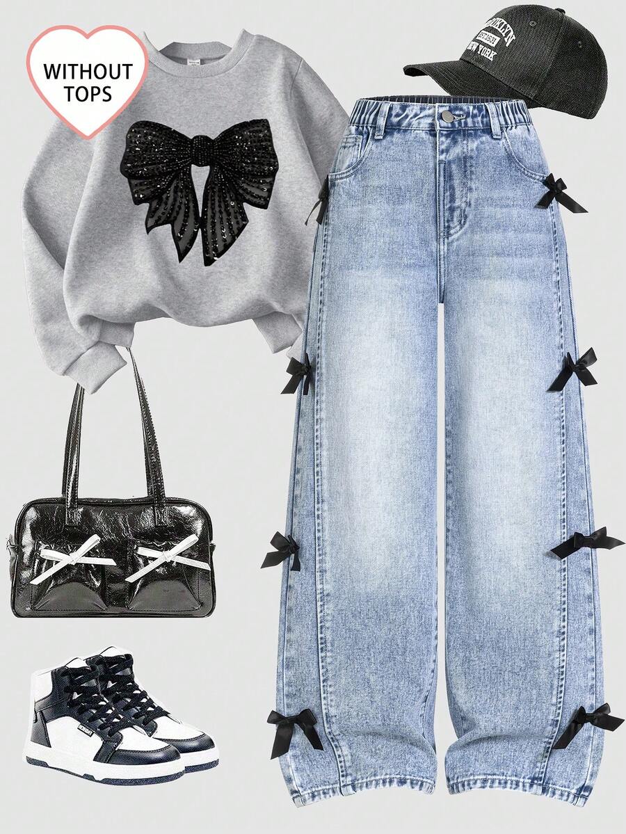 SHEIN ChillGRL Quần jean denim xanh ống rộng thời trang cổ điển cá tính, mặt trước xẻ tà, giặt tẩy, thắt nơ, ống rộng ôm sát, đa năng, phù hợp mọi mùa, phong cách thường ngày - Rửa trung bình - Xem 1