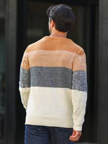 Manfinity Homme 大码男士撞色圆领长袖休闲毛衣，秋冬 - 彩色 - 查看 2
