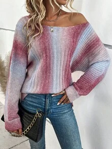 EMERY ROSE 女士渐变色长袖休闲宽松套头毛衣，秋冬款 - 紫色 - 查看 6