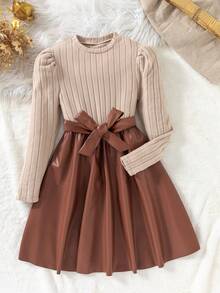 SHEIN 1 chiếc váy dệt kim cổ tròn tay dài có viền hoa thêu gân cho bé gái, ngọt ngào và nữ tính, mùa thu - Nhiều màu - Xem 3