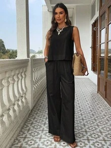KARISMINA 2 件套女士纯色梭织修身背心和高腰宽松直筒裤套装春季女士热带度假服装亚麻 - 黑色 - 查看 15
