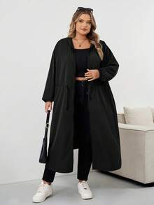 SHEIN CURVE+ Women's Solid Drawstring Hooded Waterproof Long Sleeve Trench Coat Plus Size Hooded Jacket Plus Size Raincoat Curve Fall Jacket 8xl Women Clothes Plus Size Olive Green Jacketfall Clothes For Women,Winter,CURVE PLUS