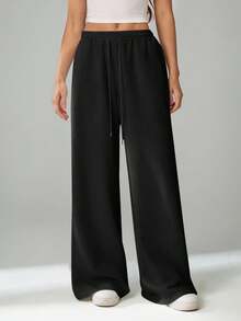 SHEIN Tall Spring And Summer New Casual And Versatile Slim Low-Waist Elastic Waistband Loose Wide-Leg Sweatpants Baggy - Black - View 7