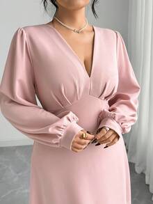 Elenzga Váy maxi dài tay chữ A dáng chữ A thanh lịch, lãng mạn, tinh tế, phong cách Pháp dành cho nữ cỡ lớn, mùa thu/đông, trang trọng, cổ chữ V, eo cao - Bụi hồng - Xem 4