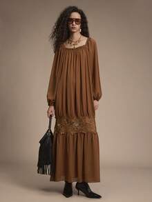 Florisole Women's Autumn/Winter Bohemian Romantic Casual A-Line Loose Lace Trim Maxi Dress, Orange-Brown Romantic