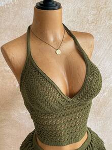 Soleia Women's V-Neck Halter Tie Backless Crop Top And Fringe Hem Mini Skirt 2 Pieces Set, Suitable For Party, Christmas, Date Night, Nightclub, Bohemian, Boho, Vacation, Fall - Army Green - View 4