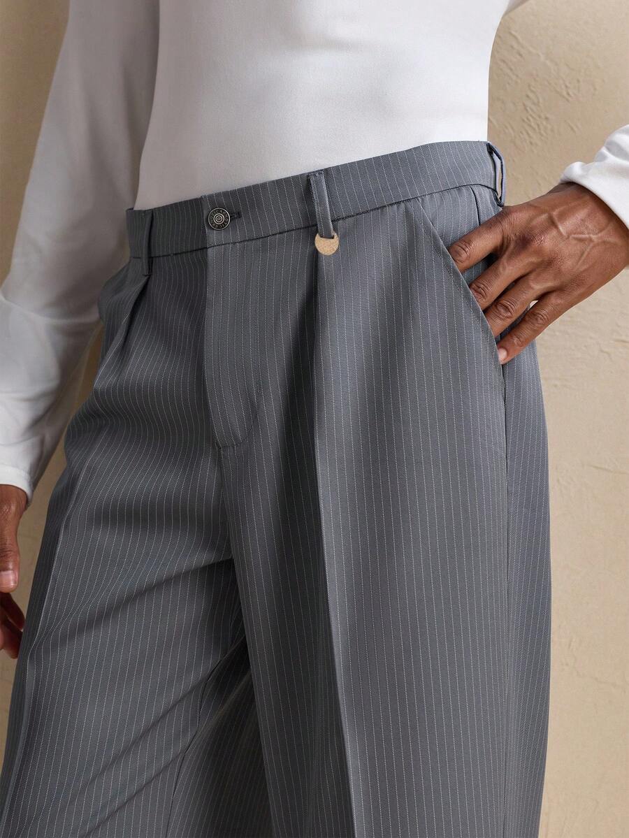 AKNOTIC Men's Casual Business Commute Striped Print Slant Pocket Seam Front Suit Pants - Grey - View 1