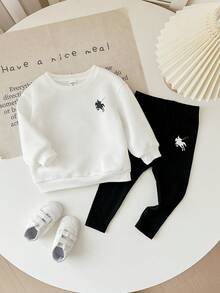 Babygirl 可爱针织印花卫衣和松紧腰裤套装，秋冬 - 黑與白 - 查看 2