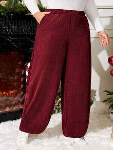 Enliva Plus Size Women's Red Corduroy Pants, With Pockets And Elastic Waist, Autumn/Winter, Compatible With Apple Rounded Body Shape, Valentine's Day, Love, Gift, Romance, Happy Valentine's Day,2026,New Year - Burgundy - View 7