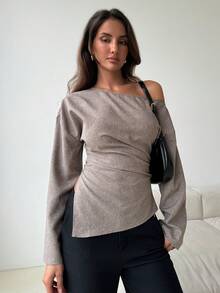 Aloruh Women's Fall/Winter Elegant Asymmetrical Shoulder Side Slit Top For Women,Elegant Tops For Women,Office Wear Women,Teacher Outfits Women - Khaki - View 3