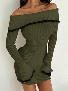 Firerie Elegant Sexy White Contrast Lace Patchwork Off Shoulder Flare Sleeve Cinched Waist Mini A-Line Sweater Dress, Autumn/Winter,Fall,Fall Clothes For Women,Women's Winter Clothes - Army Green - View 4