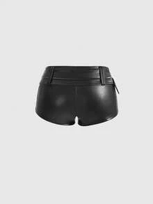 ROMWE Avant 女式复古辣妹风格 PU 装饰垂坠领口露背短款上衣搭配迷你紧身短裤 2 件套 - 黑色 - 查看 5