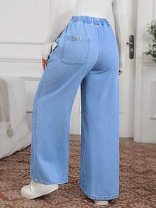 EMERY ROSE 大码休闲通勤水洗阔腿牛仔裤 - 藍色 - 查看 6