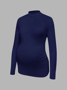 Modmama Maternity Solid Color Stand Collar Long Sleeve Pleated Slim Casual T-Shirt - Navy Blue - View 10