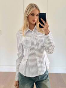 Siren Gaze Women's Striped Long Sleeve Single-Breasted Cargo Pocket Casual Shirt Striped Blouse Button Down Blouse Button Up Top Stripe Shirt Winter White - White - View 1