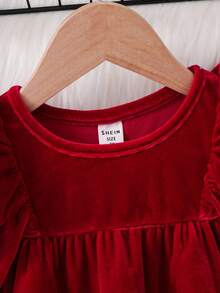 Emery Rose Kids 少女纯色针织柔软圆领荷叶边收腰长袖连衣裙，天鹅绒材质，A字裙摆，优雅长袖蛋糕裙，适合生日派对、度假、秋冬季休闲日常穿着及上学，也适合圣诞节、母女装、姐妹装等场合。 - 紅色 - 查看 5