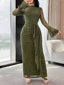 Feyla Vestido de manga larga con volantes en el bajo, unicolor y minimalista, para uso casual diario de mujer - Verde militar - Ver 5