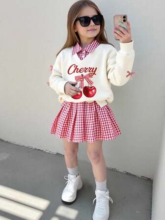 Elladie kids 2 piezas Sudadera con cuello de camisa con gráfico de cereza para niñas jóvenes de manga larga, combinada con falda plisada a cuadros, conjunto casual lindo y dulce minimalista para primavera/otoño