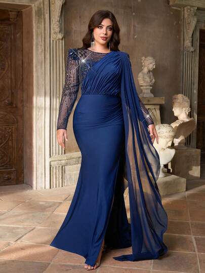 Aureia Plus Size Elegant Luxurious Navy Blue Sequin Embroidered Patchwork Elastic Knit Asymmetrical Flounce Hem High Slit Mermaid Maxi Dress With Train, Suitable For Evening Party, Birthday, Wedding, Formal Occasion