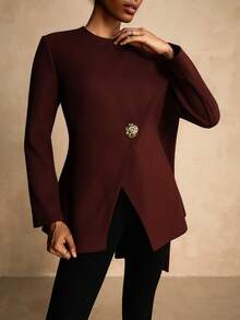 SHEIN Veneréa 女士束腰马甲，金属扣装饰，裹身领，优雅奢华冬季款 - 咖啡棕 - 查看 5