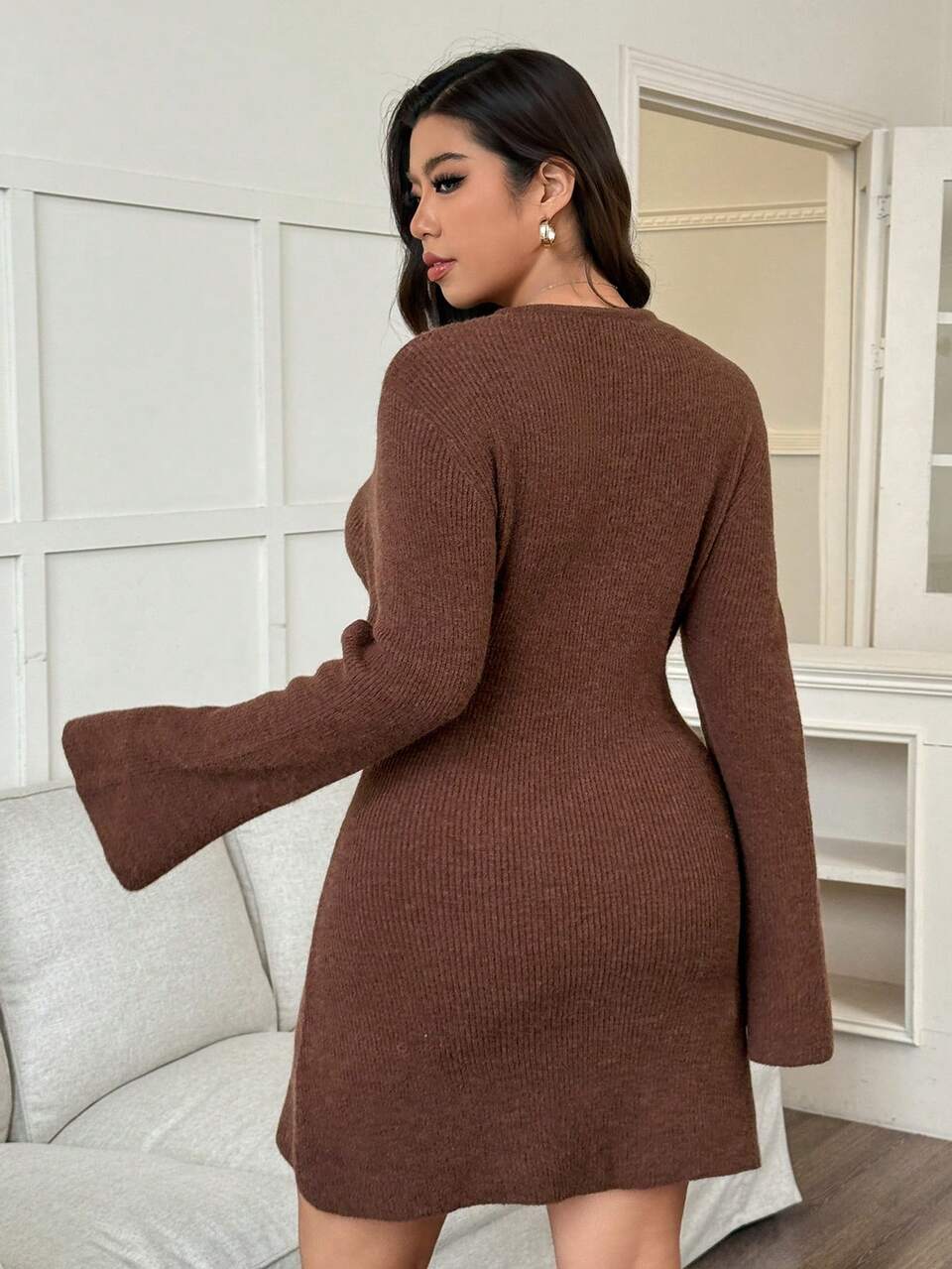 Dazy Plus Elegant Embroidered Leaf V-Neck Flare Sleeve Stretchy Fitted Short Sweater Dress, Plus Size, Autumn/Winter