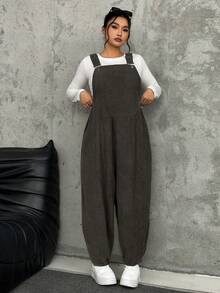 SHEIN EZwear 秋冬款大码黑色灯芯绒背带裤 - 棕色 - 查看 3