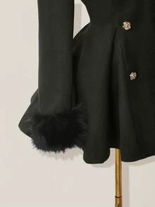 SHEIN ICON 女士优雅双排扣喇叭形人造毛皮拼布夹克，秋冬 - 墨綠色 - 查看 8