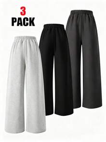 SHEIN ChillGRL 3件套女童休闲街头数字图案保暖内衬阔腿裤，秋冬 - 彩色 - 查看 2